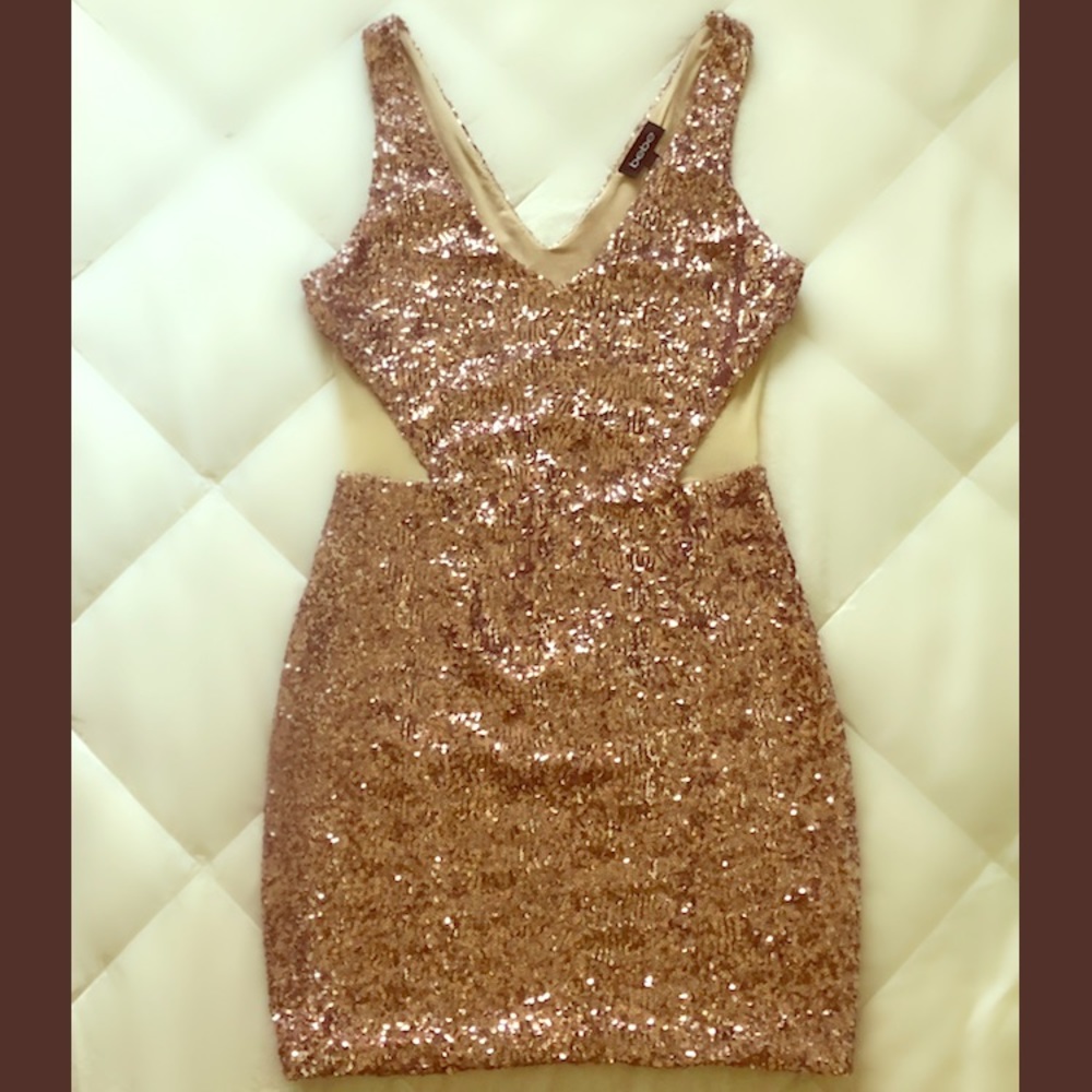 Bebe Blush Sequin Mesh Cutout Cocktail Dress